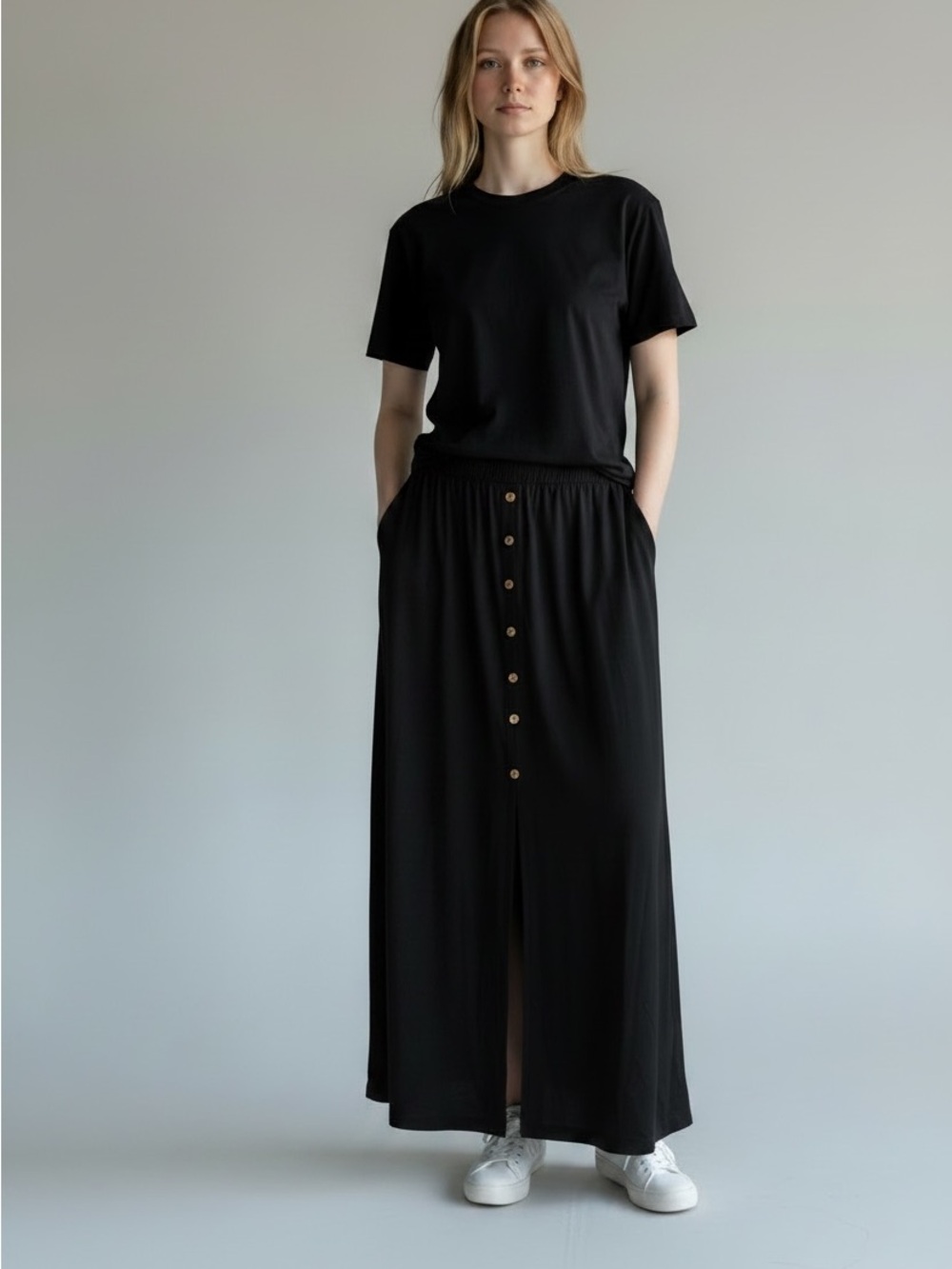 Sozy Black Button-Front Maxi Skirt With Pockets Size XL